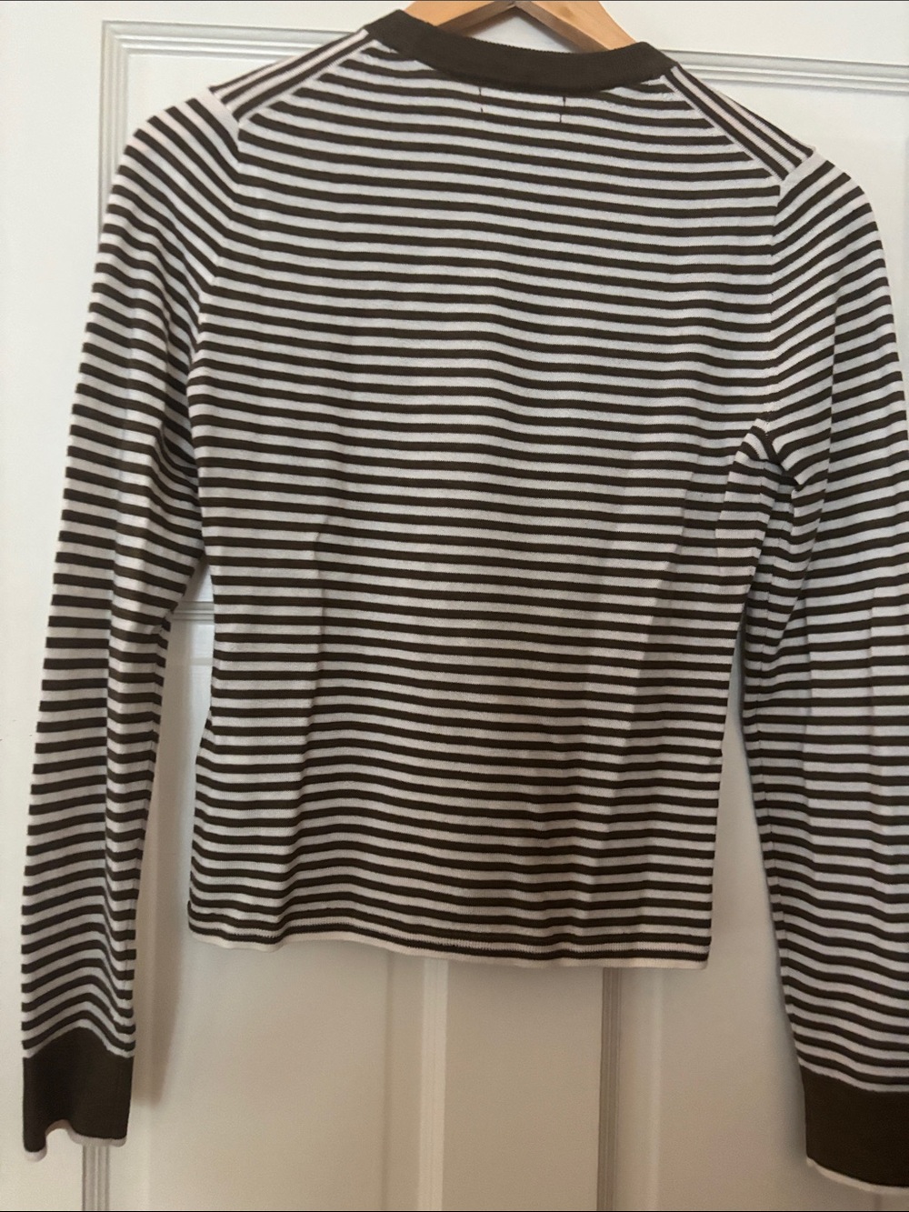 J. Crew Brown and White Striped Long Sleeve Crewneck Top with Contrast Trim - Picture 2 of 3